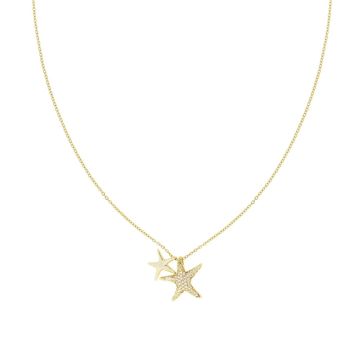Halskette mit diamantierter Forzatina-Kette, mit Seesternen und Crystal Bianchi, aus Edelstahl und Messing in Goldfarbe - MeinSchmuckShop