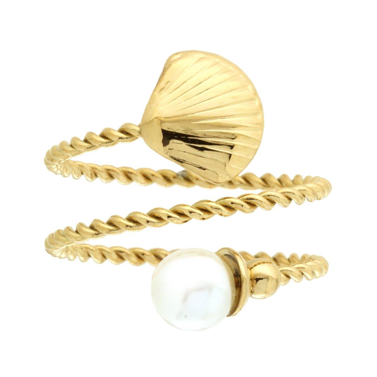 Ring Contrarie Torchon-Faden mit Muschel und Perle aus Stahl in Goldfarbe - MeinSchmuckShop