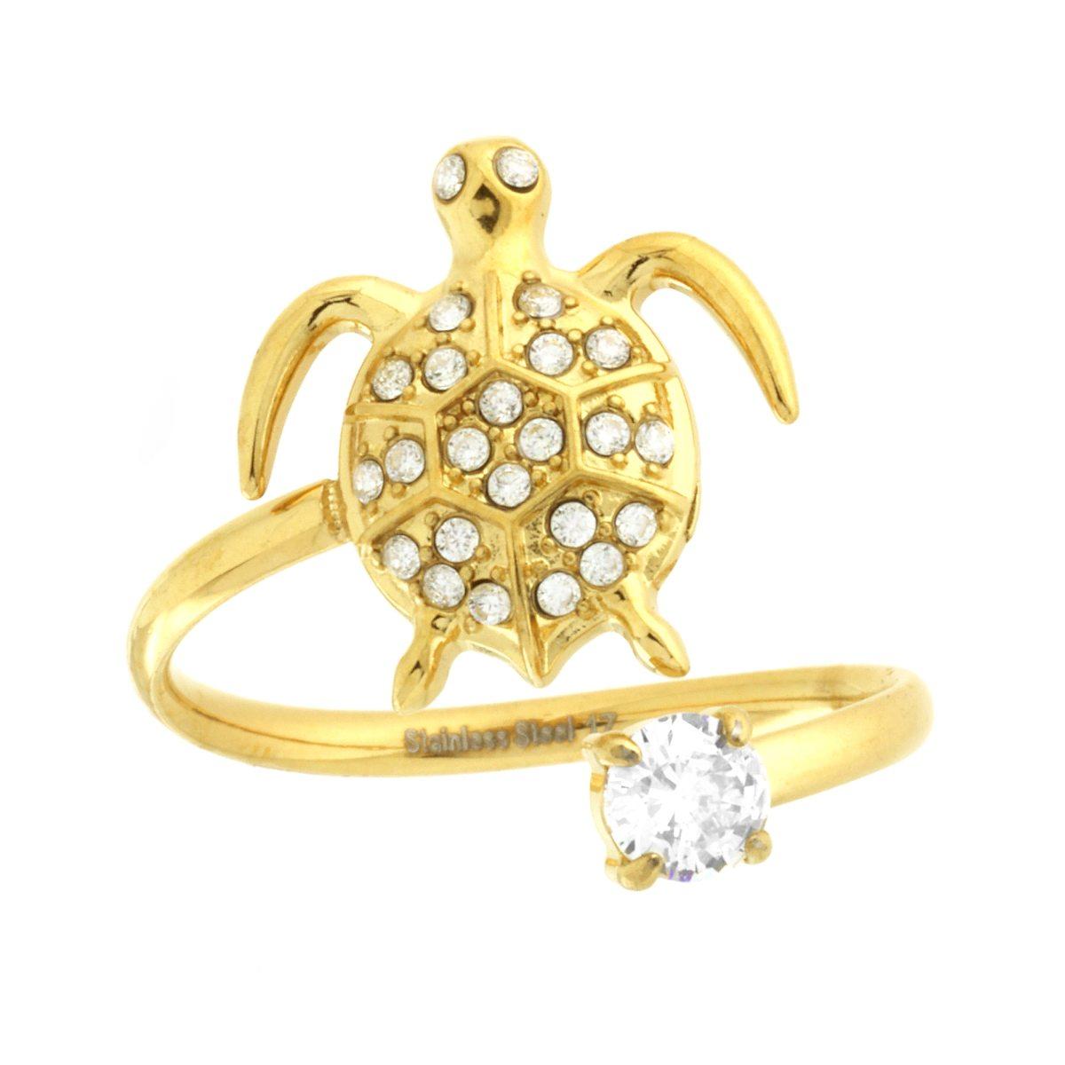 Drahtring mit Schildkröten-Design und Lichtpunkt, weiße Kristalle, Edelstahl, goldfarben - MeinSchmuckShop
