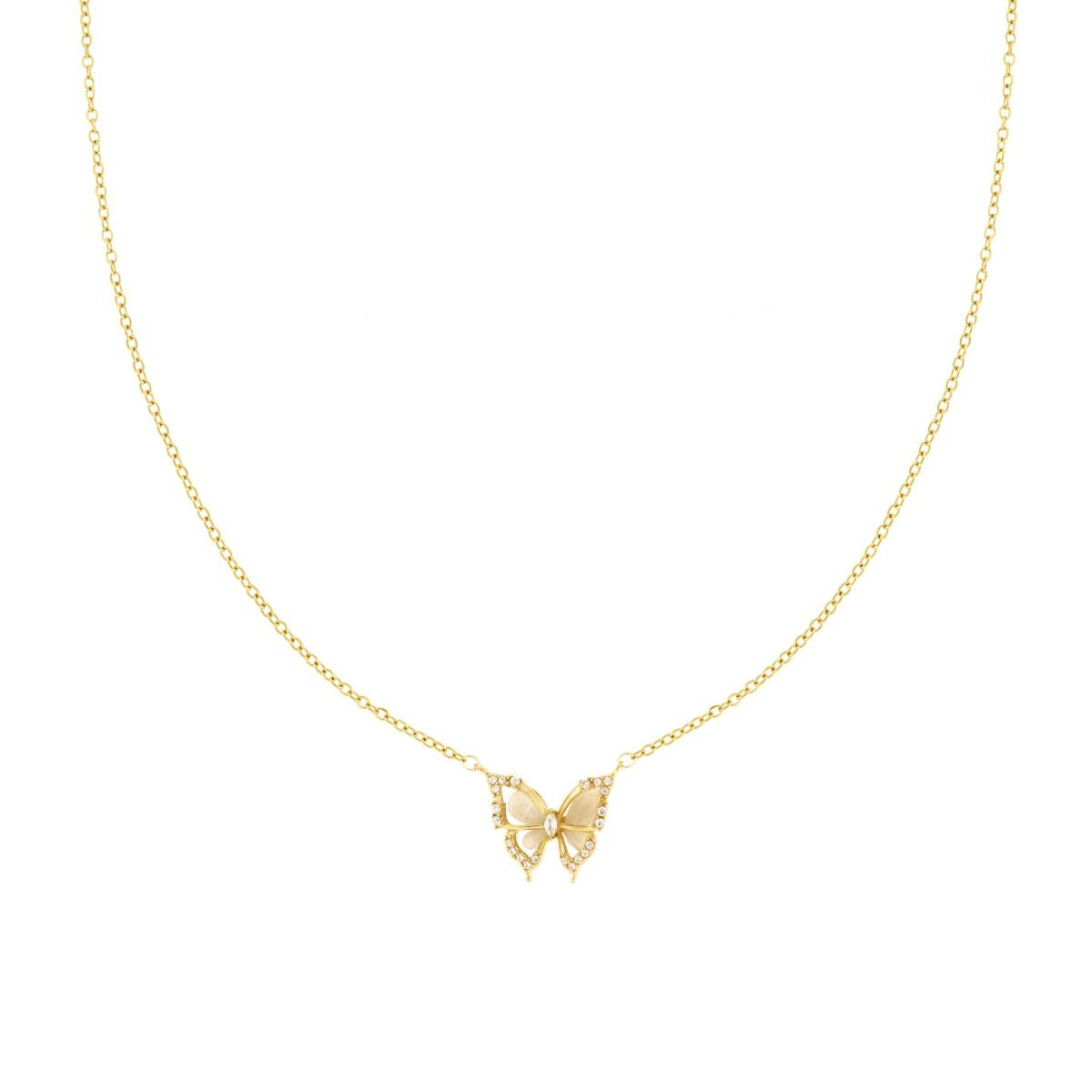 Kette mit Forzatina-Glieder, Schmetterling aus Perlmutt und weiße Kristalle aus Stahl in Goldfarbe - MeinSchmuckShop