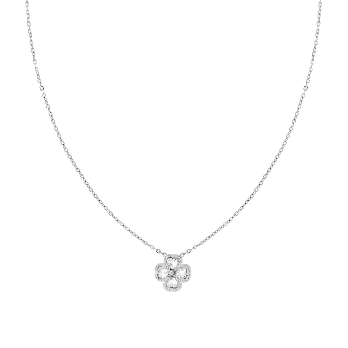 Kette Forzatina mit Quadrifoglio, Herzen und weißen Kristallen aus Edelstahl - MeinSchmuckShop