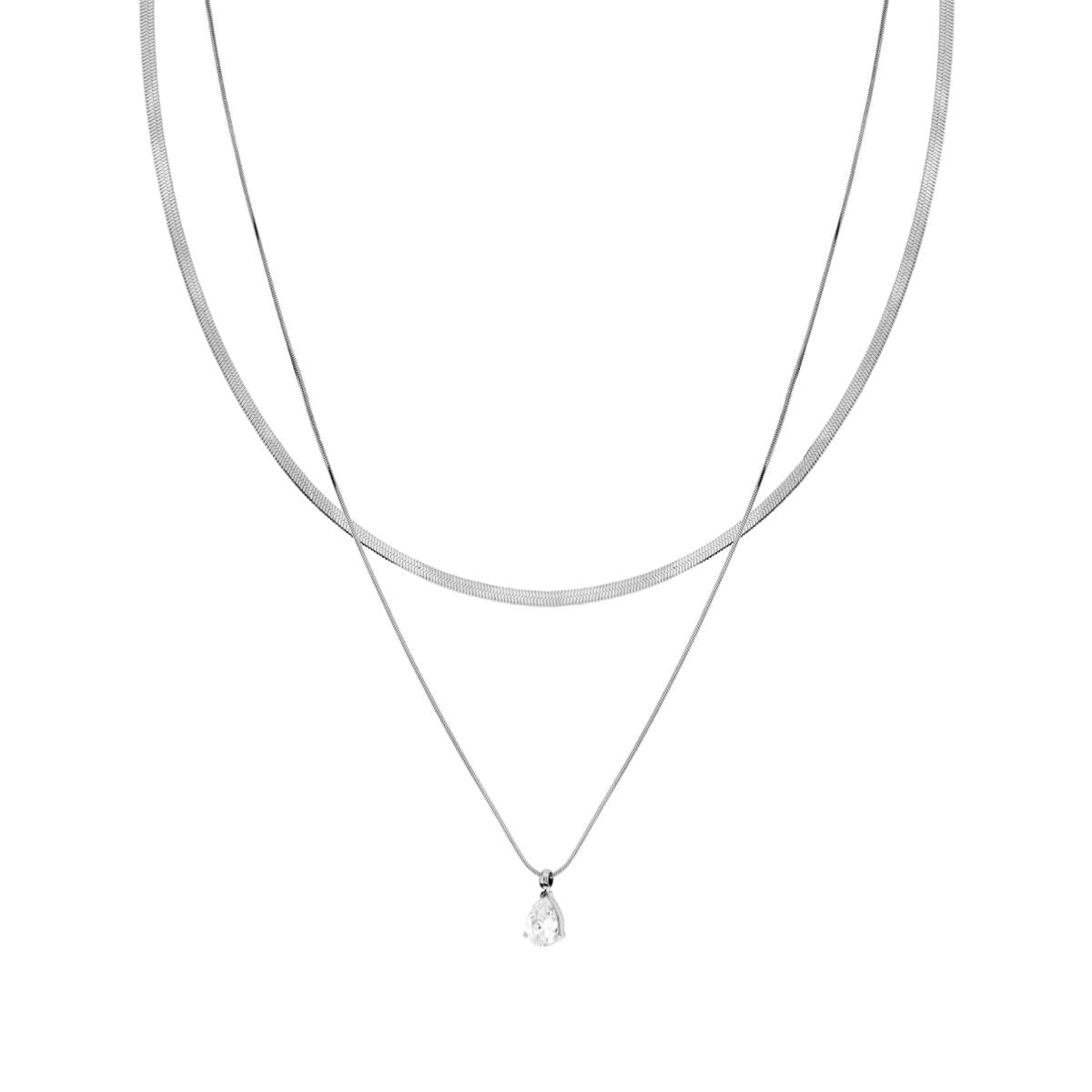 Halskette mit zwei Fäden, Mäuseschwanz-Kette und Magik, Lichtpunkt, Kristall-Tropfen Weiß, Anhänger aus Edelstahl - MeinSchmuckShop