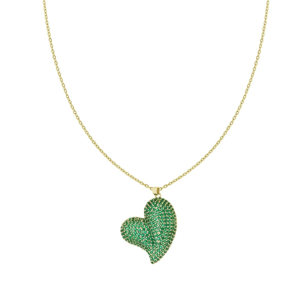 Kette Forzatina mit gewölptem Herz und smaragdgrünem Kristall aus Edelstahl und Messing, goldfarben - MeinSchmuckShop