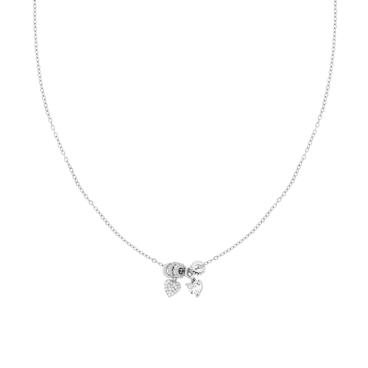 Halskette mit diamantierter Kette, Herzen und Rondellen, mit weißen Kristallen aus Stahl und Messing. - MeinSchmuckShop