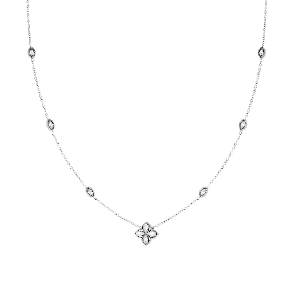 Halskette mit diamantierter Forzatina-Kette, Vierblättrigem Kleeblatt und Marquise mit weißen Kristallen aus Edelstahl - MeinSchmuckShop