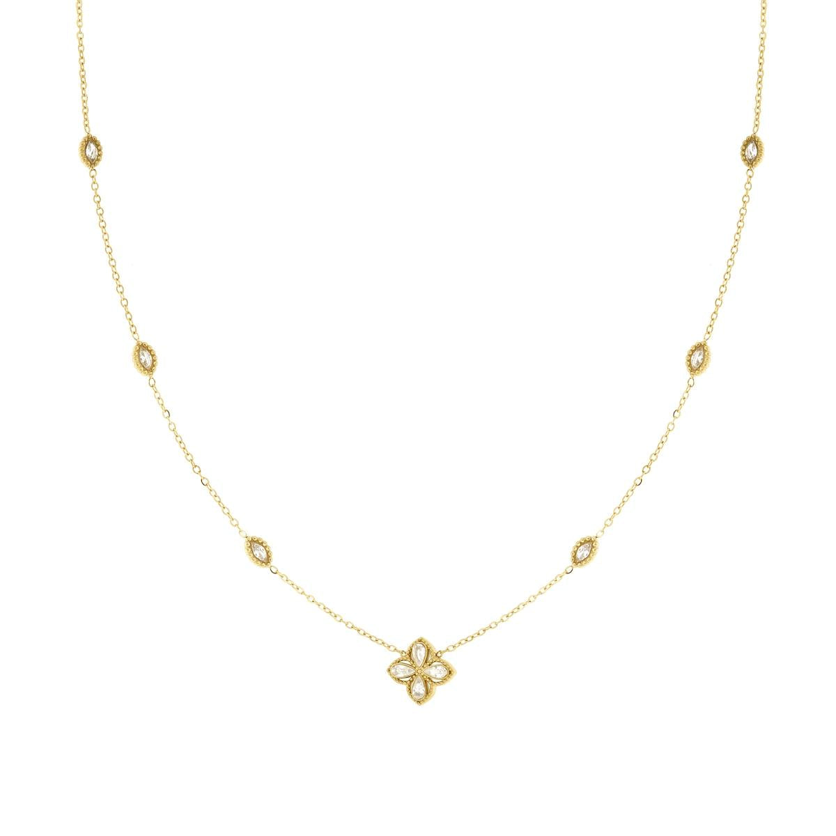 Kette mit diamantierter Forzatina-Kette, Kleeblatt und Marquis mit weißen Kristallen, aus Edelstahl in Goldfarbe - MeinSchmuckShop