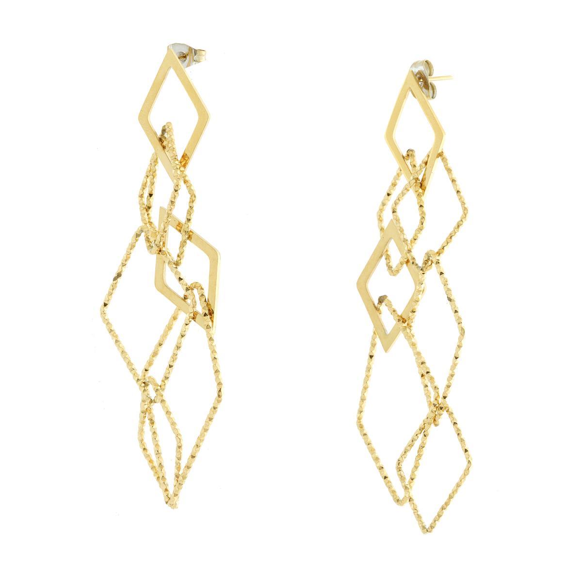Lange Ohrringe mit rhombusförmigen Anhängern, diamantiert und glatt, aus Edelstahl in Goldfarbe. - MeinSchmuckShop