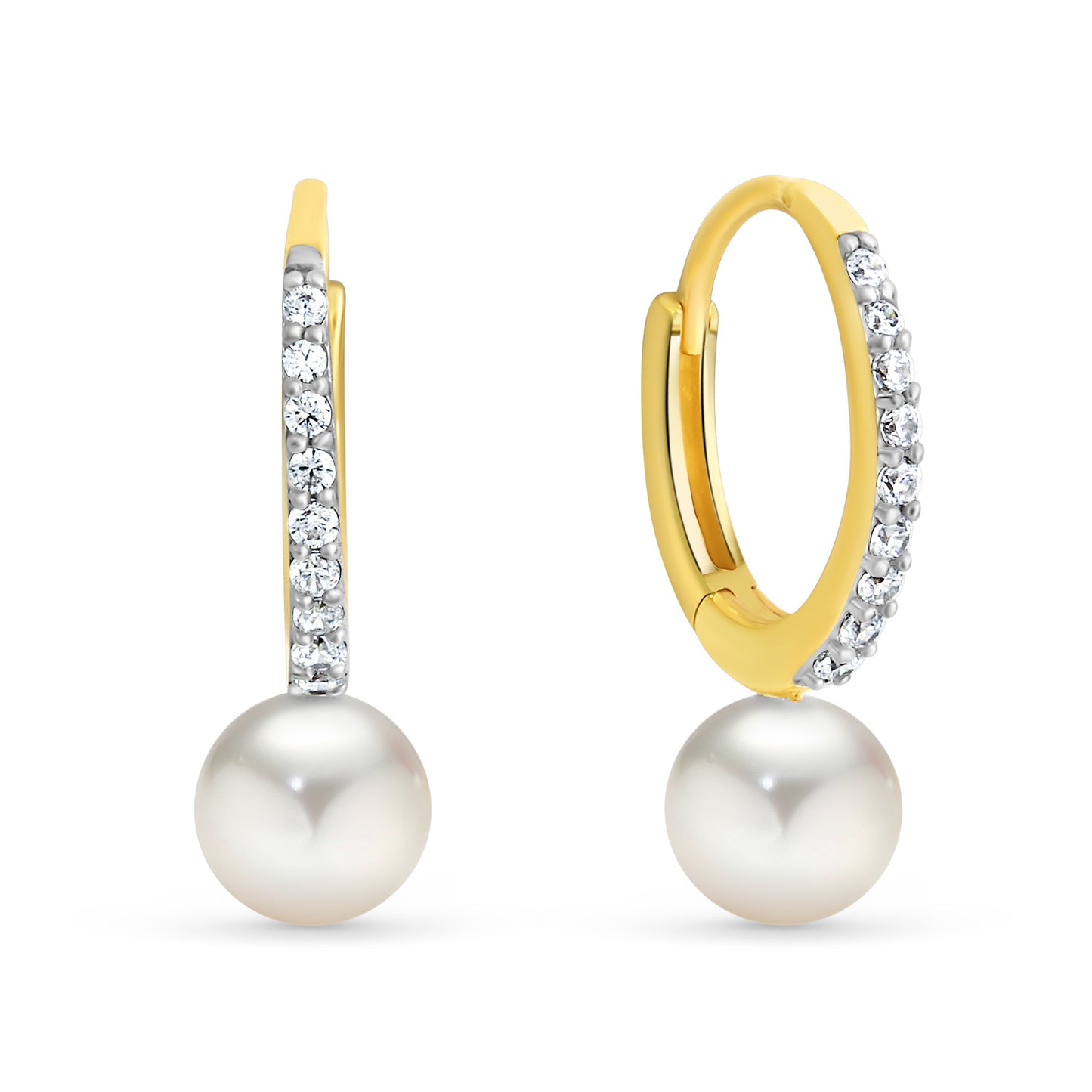 Klappcreolen mit Süßwasser-Zuchtperle 6-6,5mm und 18 Zirkonia Gold 333/000