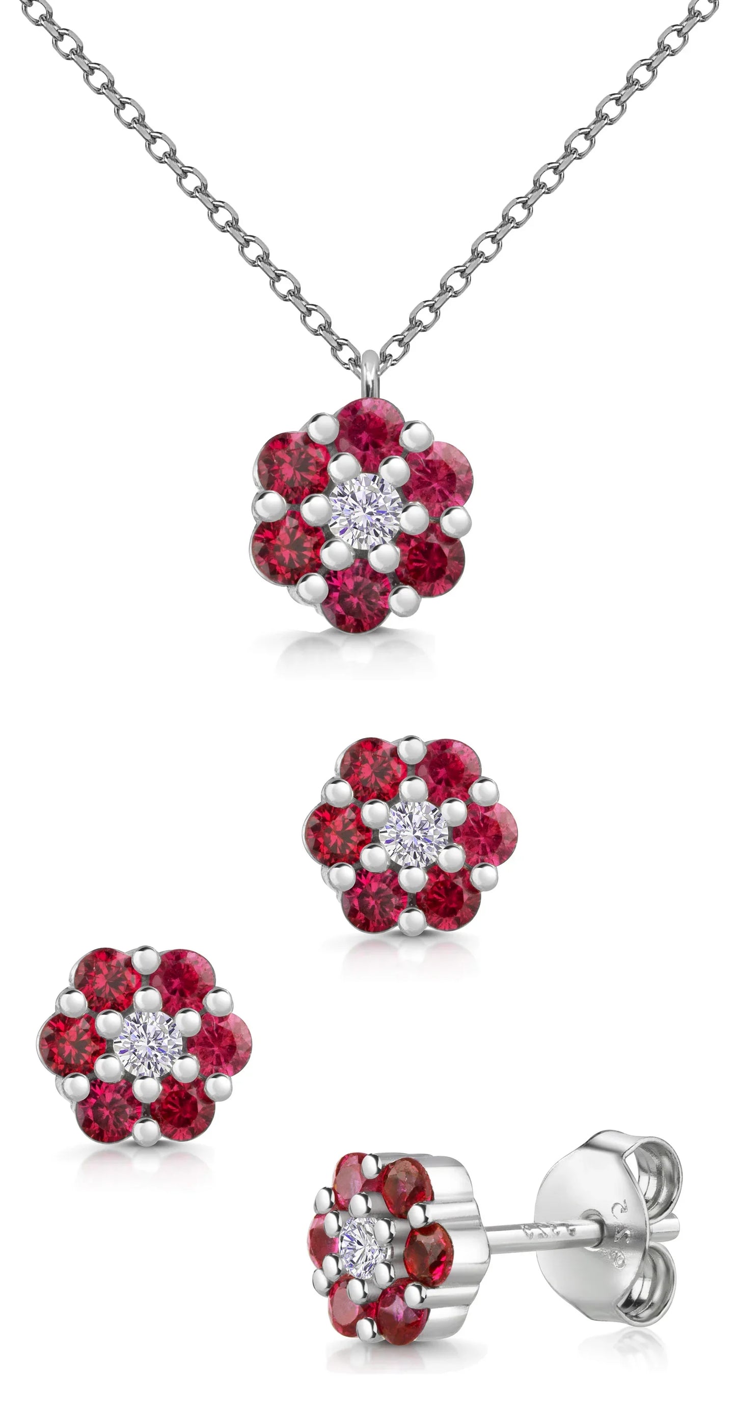 Set Collier & Ohrstecker Blume mit 21 Zirkonia rot/weiß Silber 925/000 rhodiniert - MeinSchmuckShop
