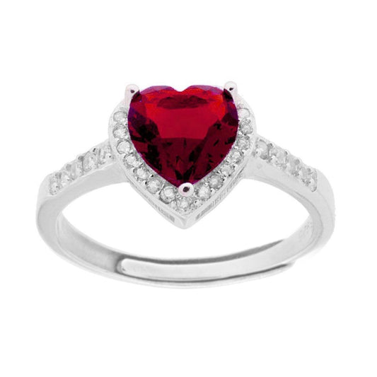 Solitärring mit Halo, Cubic Zirconia, rubinrotem Herzen, umgeben von weißen Cubic Zirconia, aus 925er Silber, rhodiniert. - MeinSchmuckShop