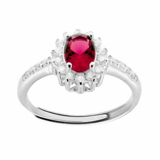 Solitärring mit Halo, ovaler Zirkonia in Rubinrot und weißen Zirkonien, rhodiniert aus 925er Silber. - MeinSchmuckShop