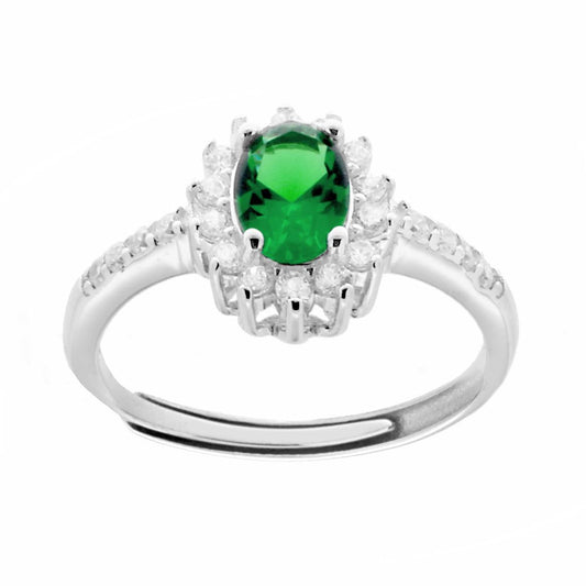 Halo-Solitärring mit ovalem Zirkonia in Smaragdgrün und weißen Zirkonias, aus 925er Silber rhodiniert. - MeinSchmuckShop