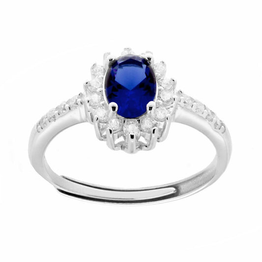 Solitärring mit Halo, ovalem Zirkon in Saphirblau und weißen Zirkonen, aus 925er Silber rhodiniert. - MeinSchmuckShop