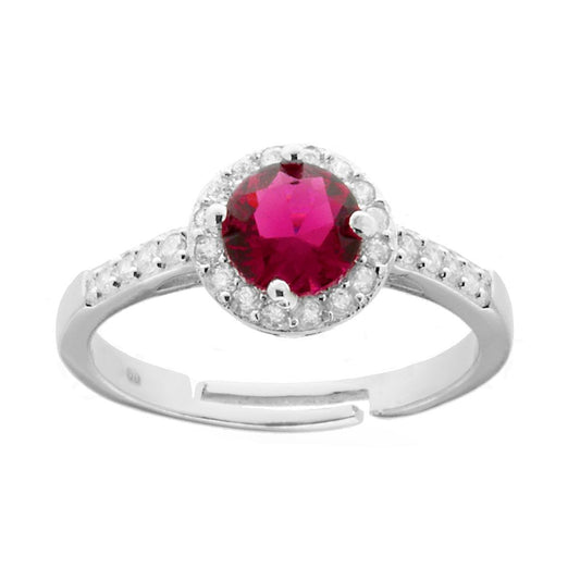 Halo-Solitär-Ring mit runden roten Rubin-Zirkonien, von weißen Zirkonien umrahmt, aus 925er Silber galvanisch rhodiniert. - MeinSchmuckShop