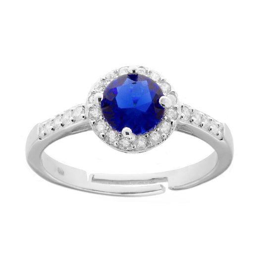 Halo-Solitärring mit rundem blauen Saphir, umrahmt von weißen Zirkonen, aus 925er Silber, rhodiniert. - MeinSchmuckShop