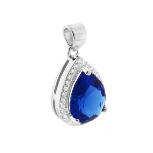 Tropfenanhänger mit blauem Zirkon-Saphir, von weißen Zirkonen umrahmt, aus rhodiniertem 925er Silber - MeinSchmuckShop