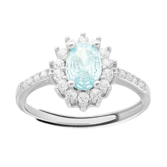 Solitärring mit Halo, ovalem Zirkon in Aquamarinfarbe und weißen Zirkonien aus 925er Silber, rhodiumbeschichtet - MeinSchmuckShop