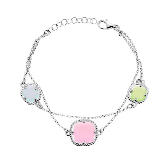 Zweireihiges Armband aus diamantierter Rolo-Kette mit mehrfarbigen quadratischen Steinen aus 925er Silber, rhodiniert. - MeinSchmuckShop