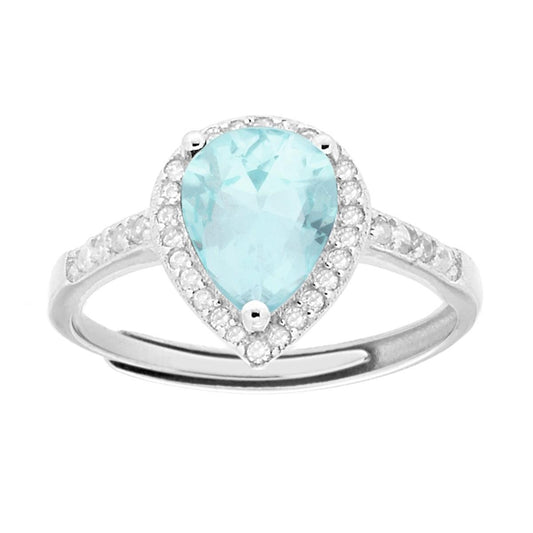 Solitärring mit Halo, Aquamarintropfen-Zirkonia, umgeben von weißen Zirkonen, in Silber 925 rhodiniert. - MeinSchmuckShop