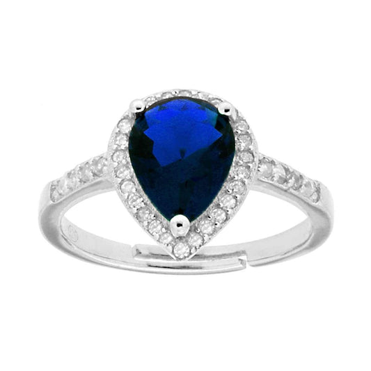 Solitärring mit Halo, blauem Tropfensaphir, umgeben von weißen Zirkonien, aus 925er Silber rhodiniert. - MeinSchmuckShop