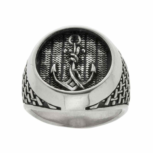 Ring Chevalier Rund mit Anker Microfusa in Silber 925 galvanisch rhodiniert brüniert - MeinSchmuckShop