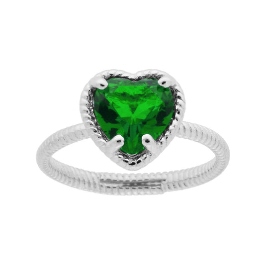 Solitärring mit herzförmigem smaragdgrünen Cubic Zirconia in 925er Silber rhodiniert - MeinSchmuckShop