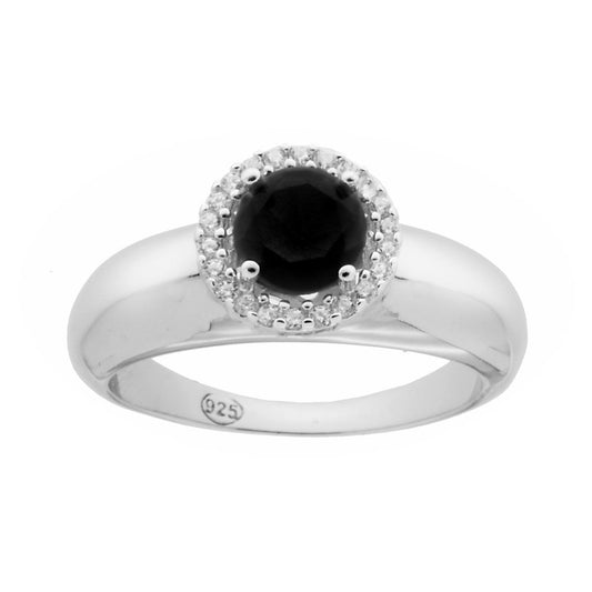 Solitärring mit schwarzem, rundem Cubic Zirconia aus 925er Silber, galvanisch rhodiniert. - MeinSchmuckShop