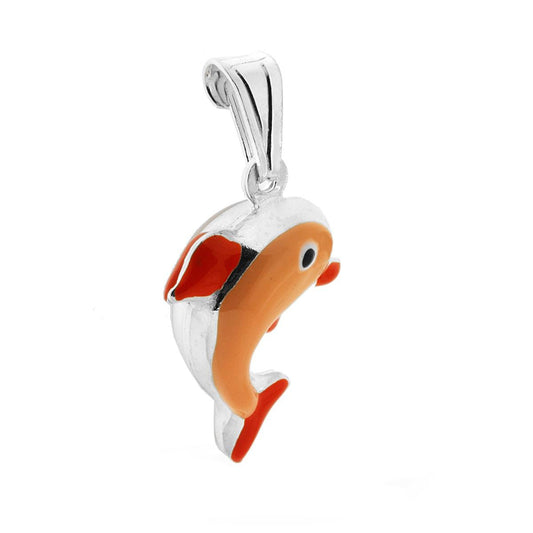 Anhänger für Jungen und Mädchen mit orange emailliertem Delfin aus 925er Silber - MeinSchmuckShop