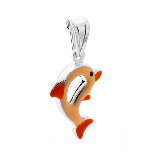 Anhänger für Jungen und Mädchen mit orange emailliertem Delfin in 925er Silber - MeinSchmuckShop