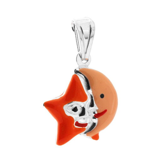 Anhänger für Jungen und Mädchen mit Stern und Mond, orange emailliert, in 925er Silber - MeinSchmuckShop