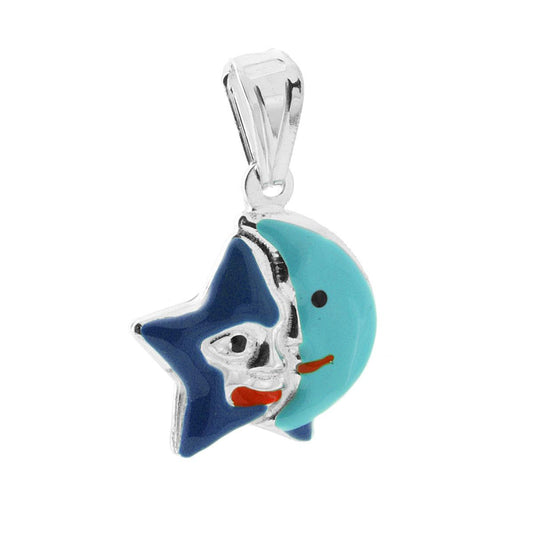 Anhänger für Jungen und Mädchen mit Stern und Mond, blau und azur emailliert, aus Sterlingsilber 925 - MeinSchmuckShop