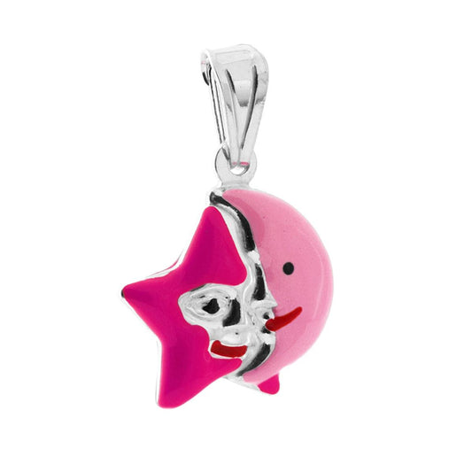 Anhänger für Jungen und Mädchen mit Stern und Mond, emailliert in Fuchsia und Rosa, aus 925er Silber. - MeinSchmuckShop