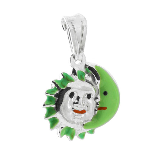 Anhänger für Jungen und Mädchen mit grün emaillierter Sonne und Mond in 925er Silber - MeinSchmuckShop