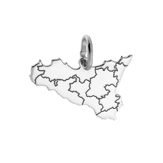 Anhänger mit schlichter Silhouette Siziliens, 15 × 23 mm, mit Provinzen-Gravur, aus 925er Silber, galvanisch rhodiniert. - MeinSchmuckShop