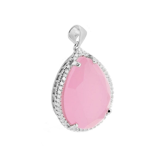 Tropfenanhänger mit rosa Stein, facettiert, von weißen Zirkonen umrahmt, aus 925er Silber, rhodiniert. - MeinSchmuckShop