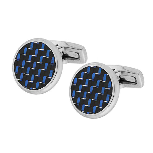Zubehör: Herren-Manschettenknöpfe, runde Form, 18 mm, mit changierendem geometrischem Muster in Blau, aus Edelstahl - MeinSchmuckShop