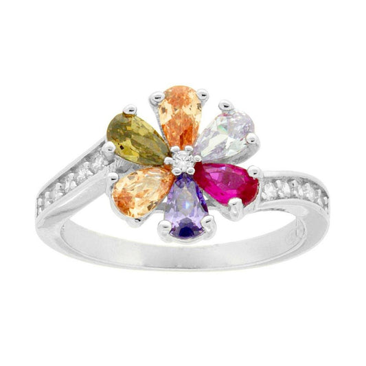 Blumenring mit Rainbow-Cubic-Zirkonia und weißen Zirkonien in Silber 925 galvanisch rhodiniert - MeinSchmuckShop