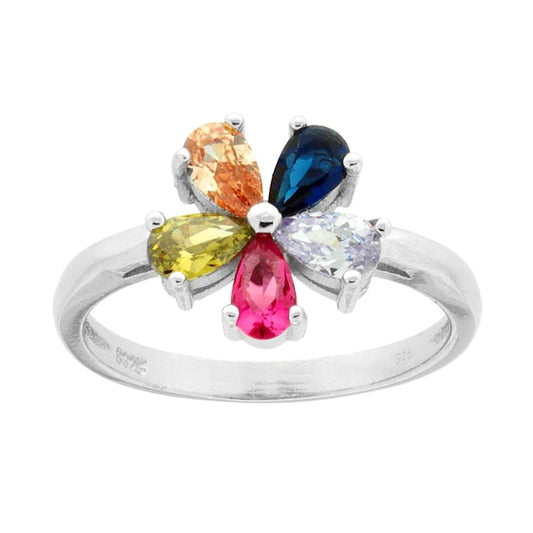Blumenring mit Cubic Zirconia Rainbow Multicolor aus Silber 925, galvanisch rhodiniert - MeinSchmuckShop