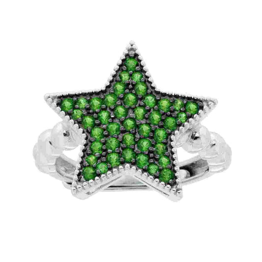 Ring Stern mit Smaragdgrüner Cubic Zirconia, palladierter Stiel aus 925er Silber, rhodiniert. - MeinSchmuckShop