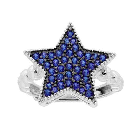 Ring Stern mit Cubic Zirconia Blau Saphir, Stiel palladiert in 925er Silber, galvanisch rhodiniert. - MeinSchmuckShop