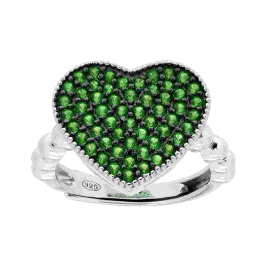 Herzring mit kubischem Zirkonia in Smaragdgrün, 925er Silber rhodium-beschichtet - MeinSchmuckShop