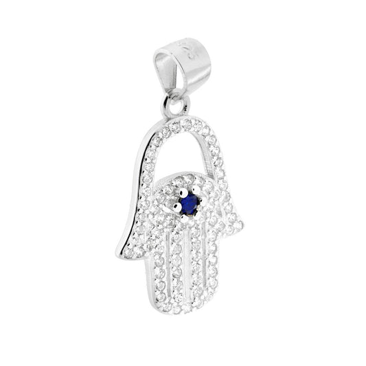 Anhänger der Fatimas Hand mit weißen Zirkonen und blauem Saphir-Zirkon aus 925er Silber, galvanisch rhodiniert - MeinSchmuckShop