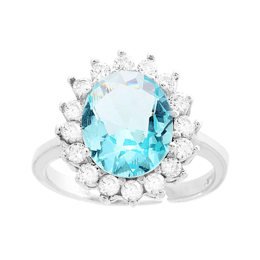Halo-Solitärring mit ovalem Aquamarin, umrahmt von weißen Zirkonen, aus 925er Silber rhodiniert. - MeinSchmuckShop