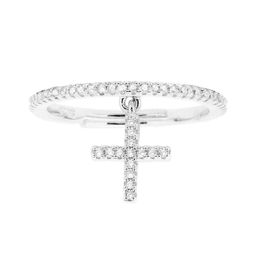 Veretta-Ring mit Kreuzanhänger und weißen Cubic-Zirkonia aus 925er Silber, rhodiniert. - MeinSchmuckShop