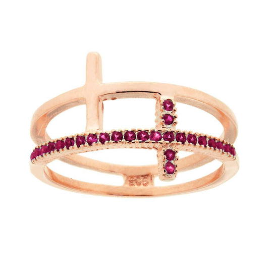Ring mit doppeltem Draht, Veretta-Modell, mit rubinroten Zirkonen und Kreuz aus 925er Silber, roségold galvanisiert - MeinSchmuckShop