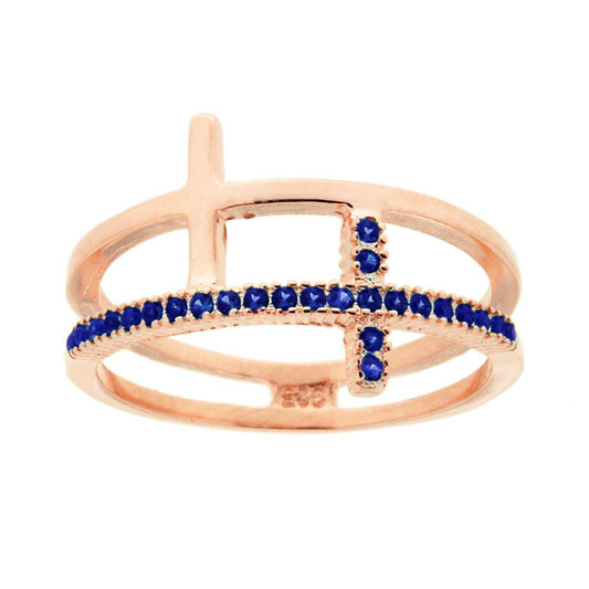 Ring mit doppeltem Draht im Veretta-Modell, mit blauen Zirkonen und Saphiren, Kreuz aus 925er Silber, roségold galvanisch plattiert. - MeinSchmuckShop