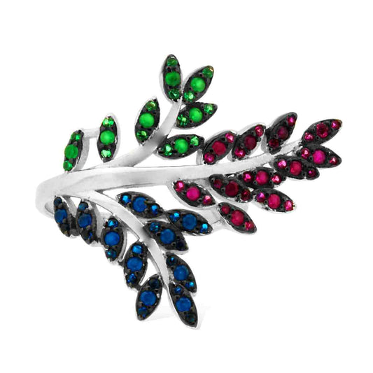 Ring Ast mit Blättern, Cubic Zirconia Smaragd, Rubine und Saphire, auf Ruthenium-Basis, Silber 925, rhodiniert. - MeinSchmuckShop