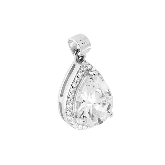Tropfenanhänger mit weißem Zirkon, umgeben von weißen Zirkonen, aus 925er Silber rhodiumbeschichtet - MeinSchmuckShop