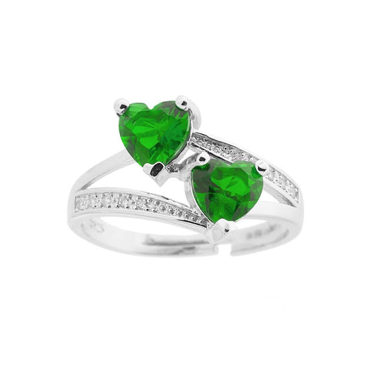 Ring Love Liebe doppeltes Herz mit Cubic Zirconia Grün-Smaragd und Weiß in Silber 925 galvanisch Rhodium-beschichtet - MeinSchmuckShop