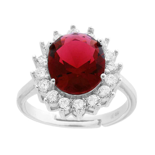 Solitärring mit Halo, oval rubinrot Zirkonia, umrahmt von weißen Zirkonien, aus 925er Silber, rhodiniert. - MeinSchmuckShop